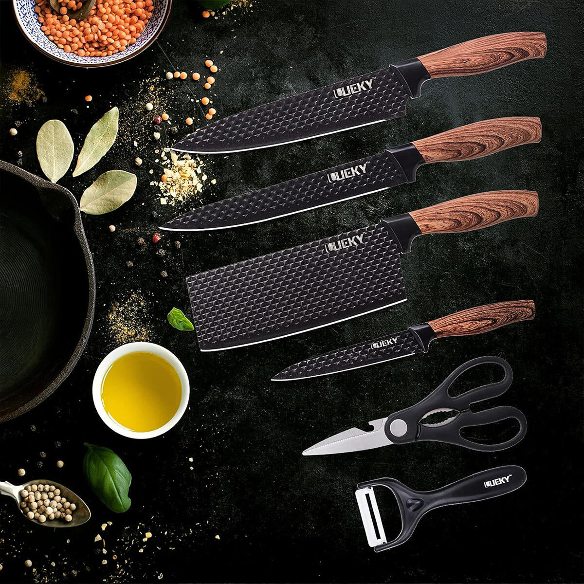 Juego de cuchillos de cocina 6 piezas con pelador y tijeras – Accesorios de cocina negro afilado