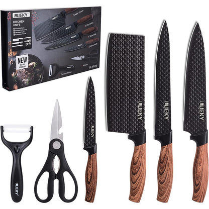 Juego de cuchillos de cocina 6 piezas con pelador y tijeras – Accesorios de cocina negro afilado