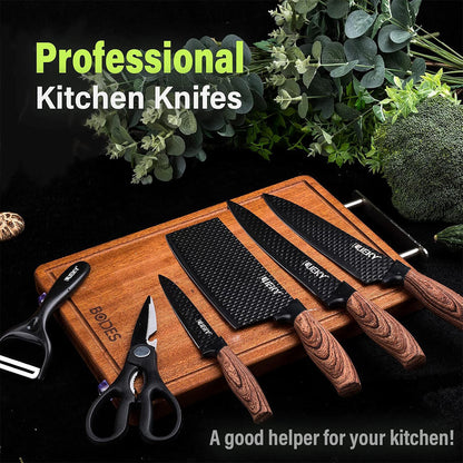 Juego de cuchillos de cocina 6 piezas con pelador y tijeras – Accesorios de cocina negro afilado