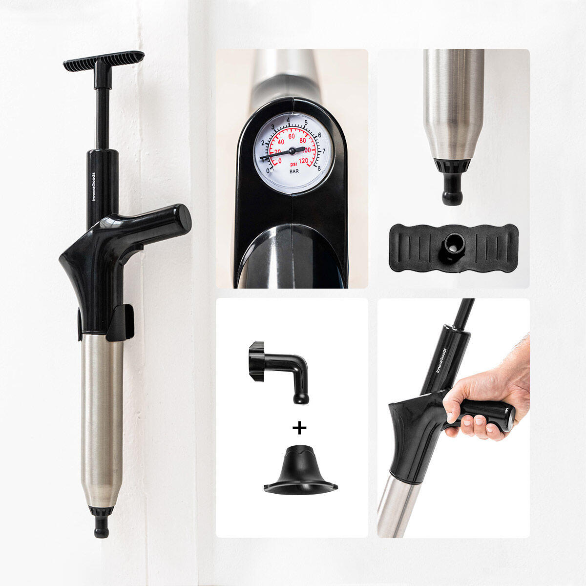 Desatascador de Aire Comprimido de Alta Presión con Accesorios y Manómetro 5 en 1 Jetpro InnovaGoods