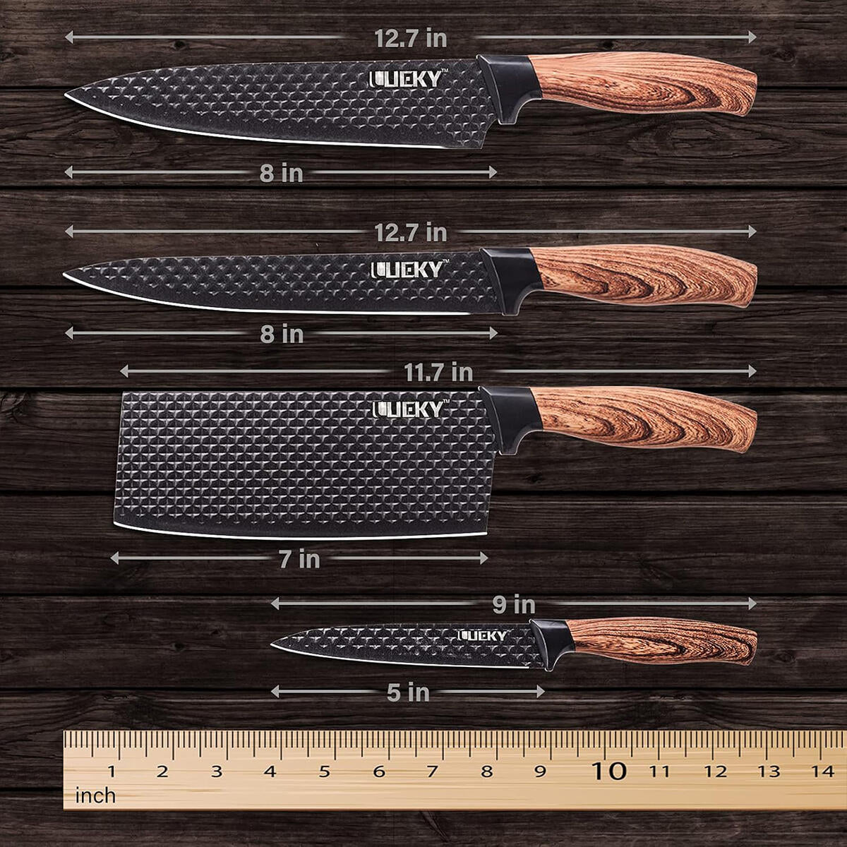 Juego de cuchillos de cocina 6 piezas con pelador y tijeras – Accesorios de cocina negro afilado